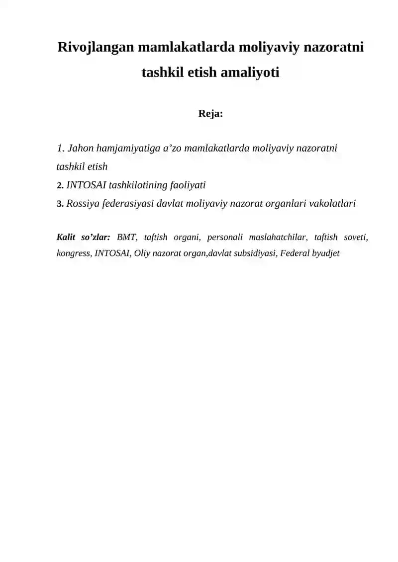 Moliyaviy nazoratni tashkil etish amaliyoti