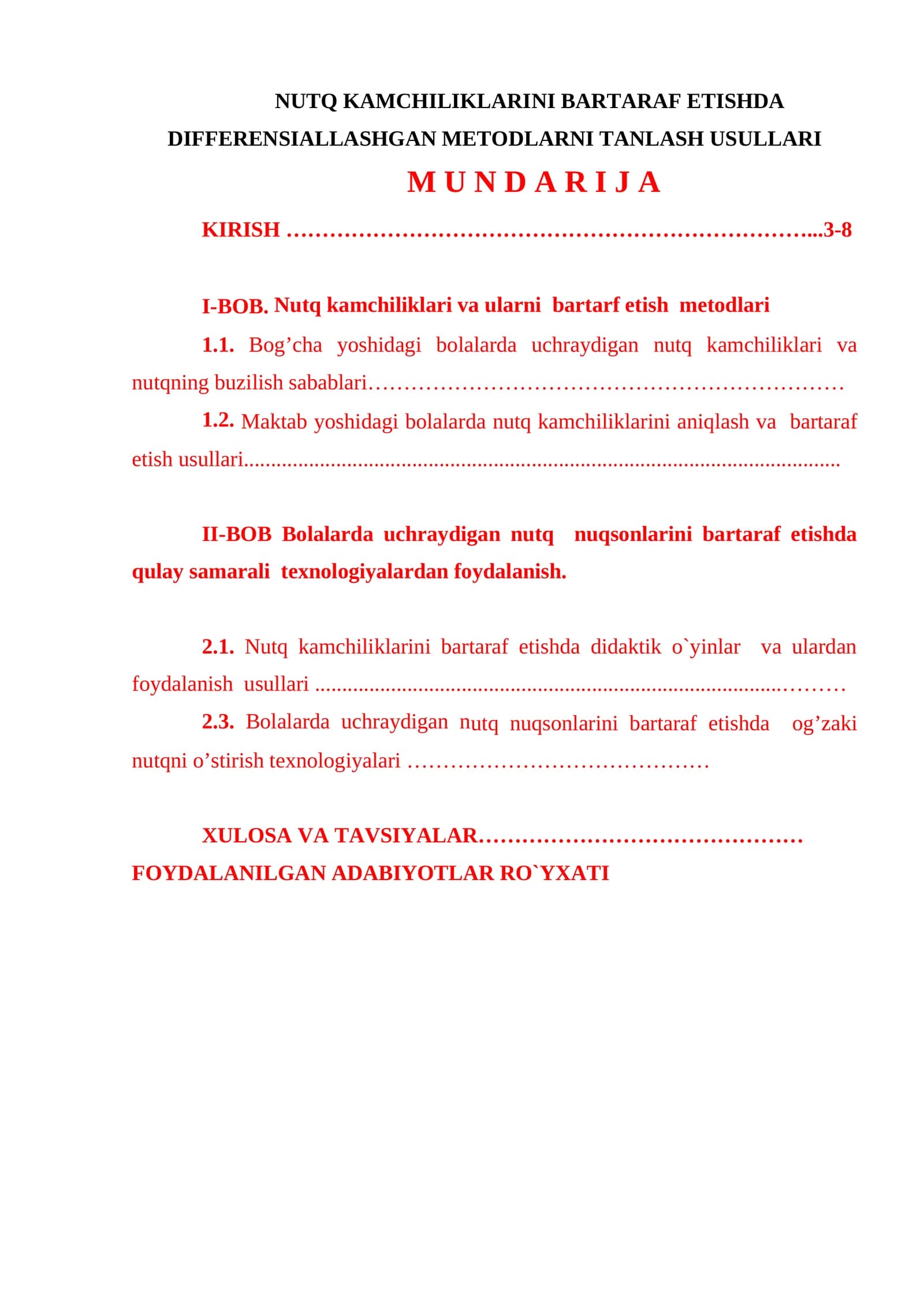 NUTQ KAMCHILIKLARINI BARTARAF ETISHDA DIFFERENSIALLASHGAN METODLARNI TANLASH USULLARI