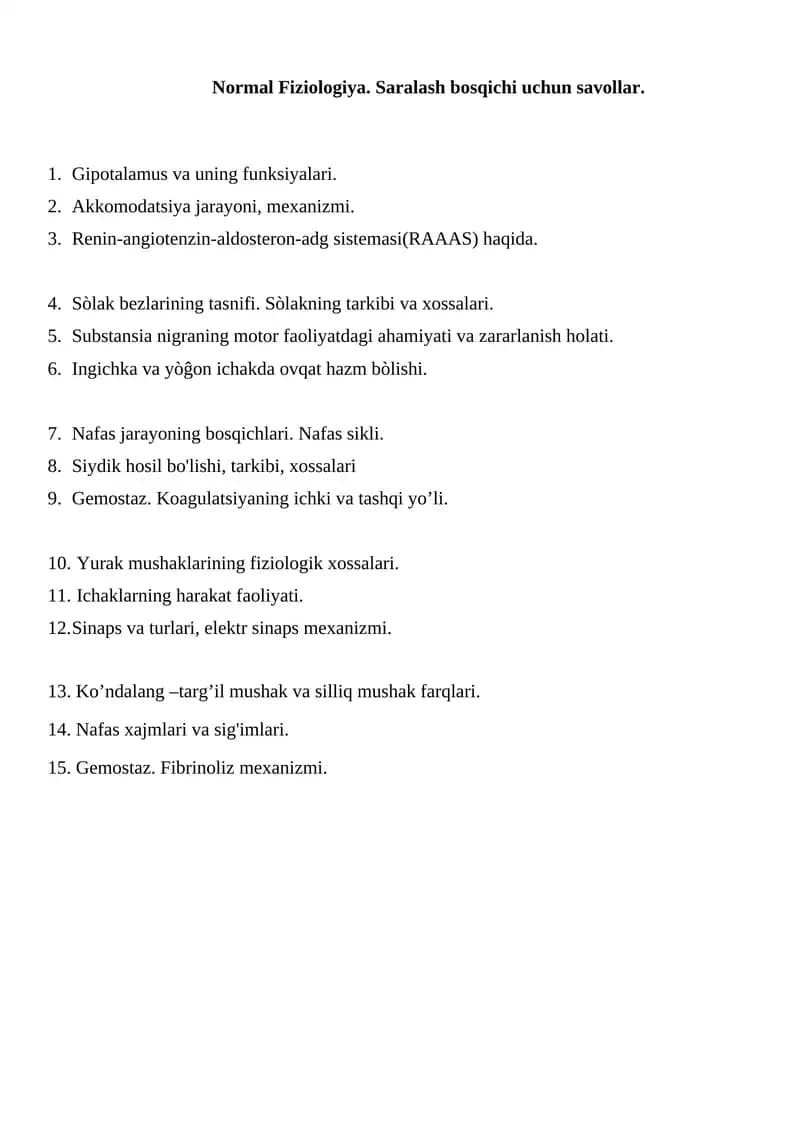 Normal Fiziologiya. Saralash bosqichi uchun savollar.