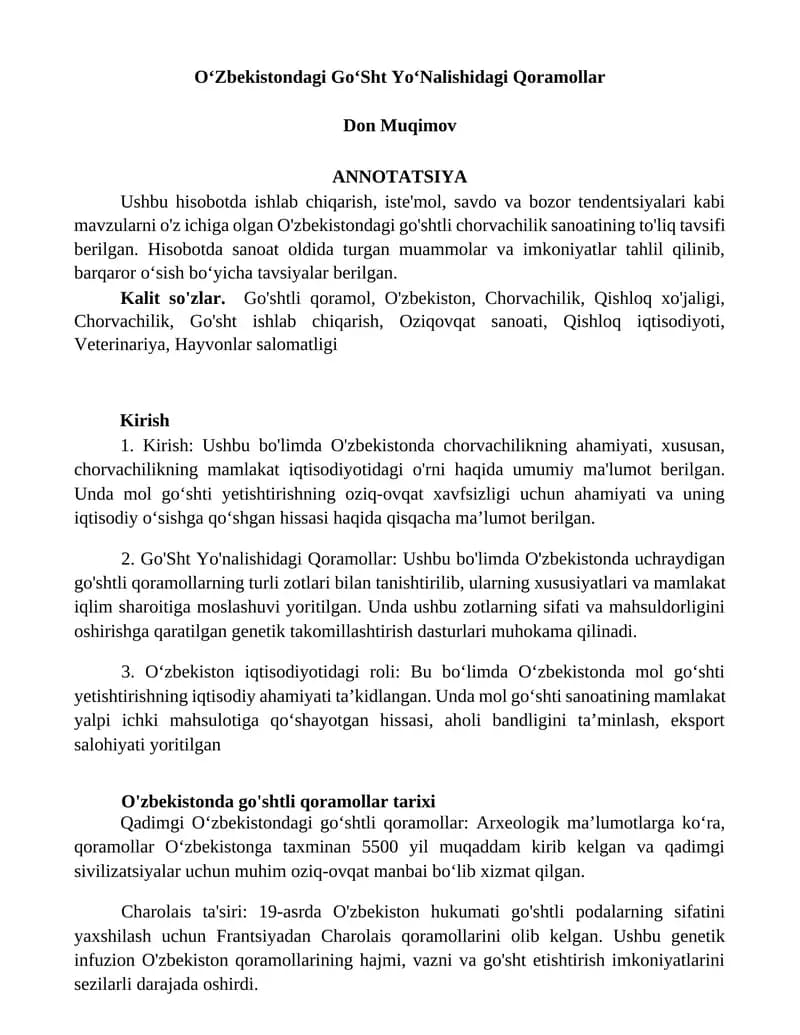 O‘Zbekistondagi Go‘Sht Yo‘Nalishidagi Qoramollar