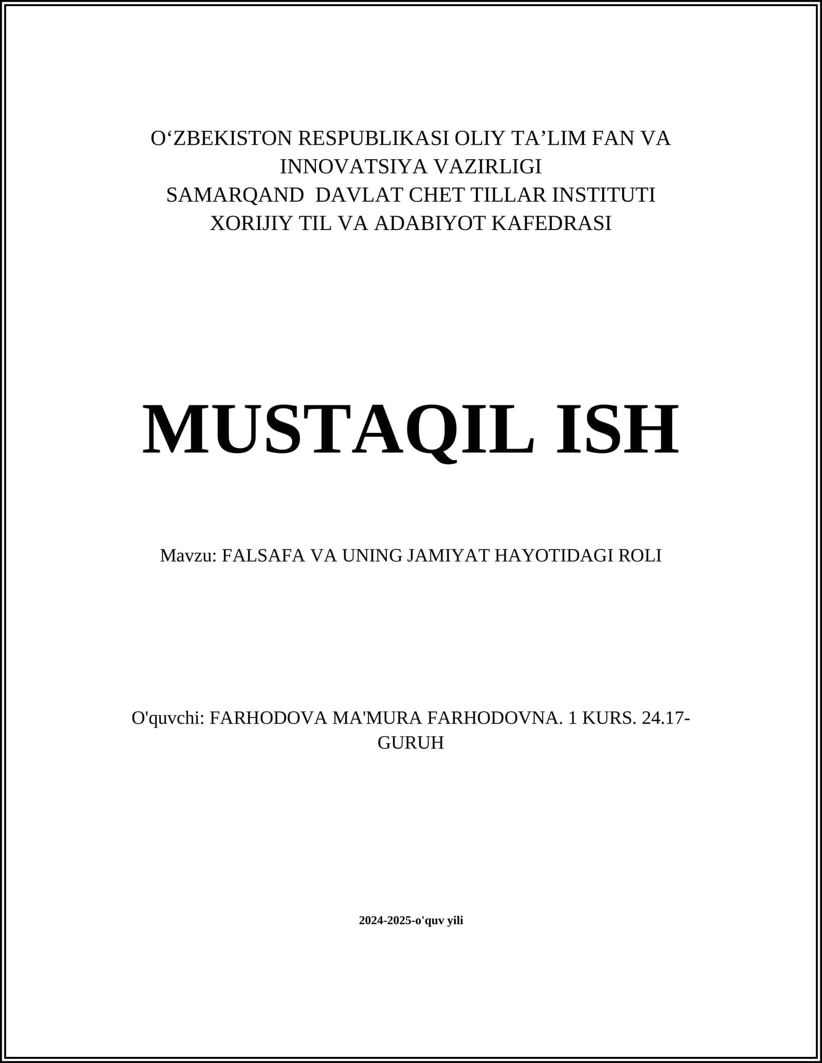 FALSAFA VA UNING JAMIYAT HAYOTIDAGI ROLI