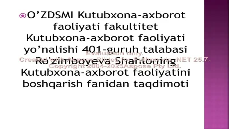 Kutubxona-axborot faoliyati yo'nalishi taqdimoti