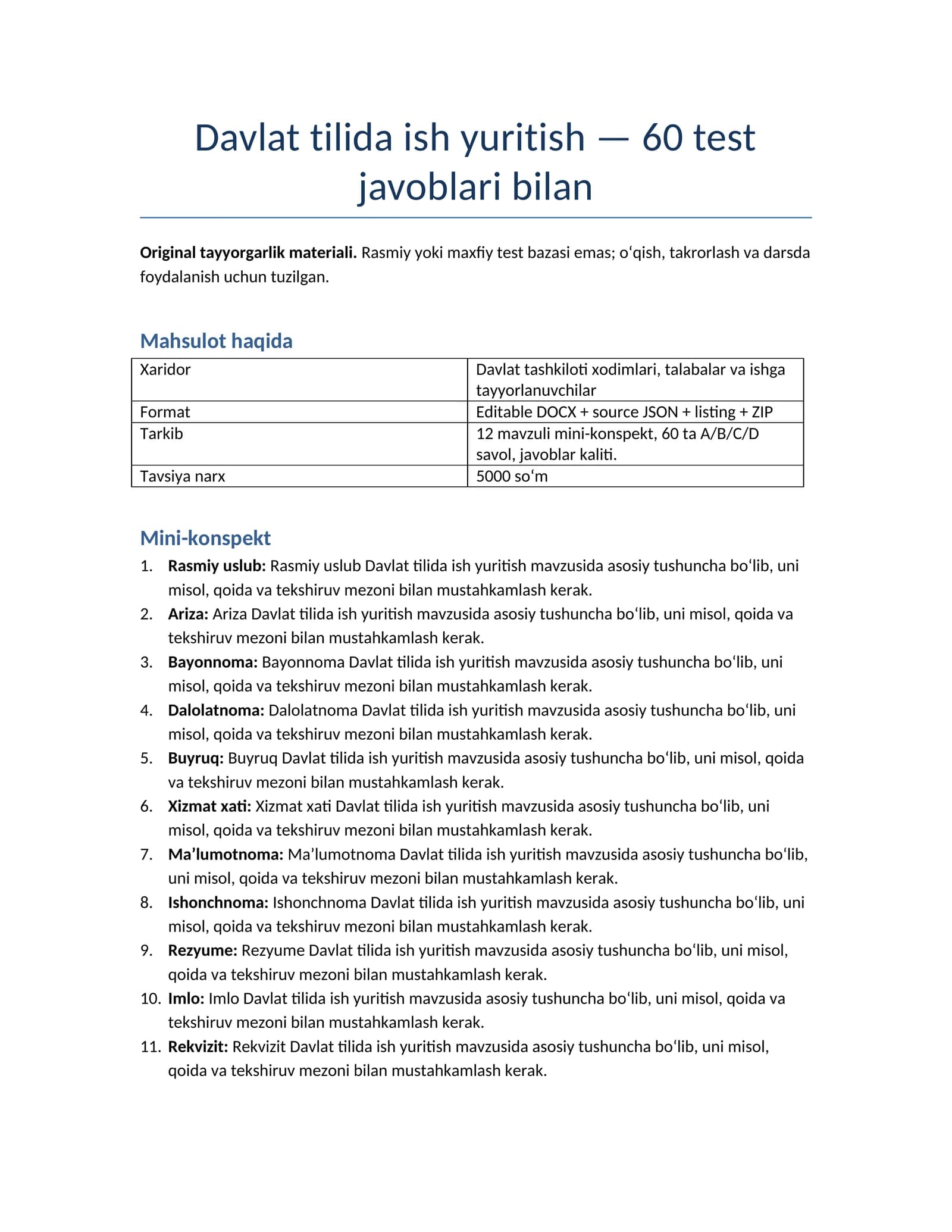Davlat tilida ish yuritish — 60 test javoblari bilan