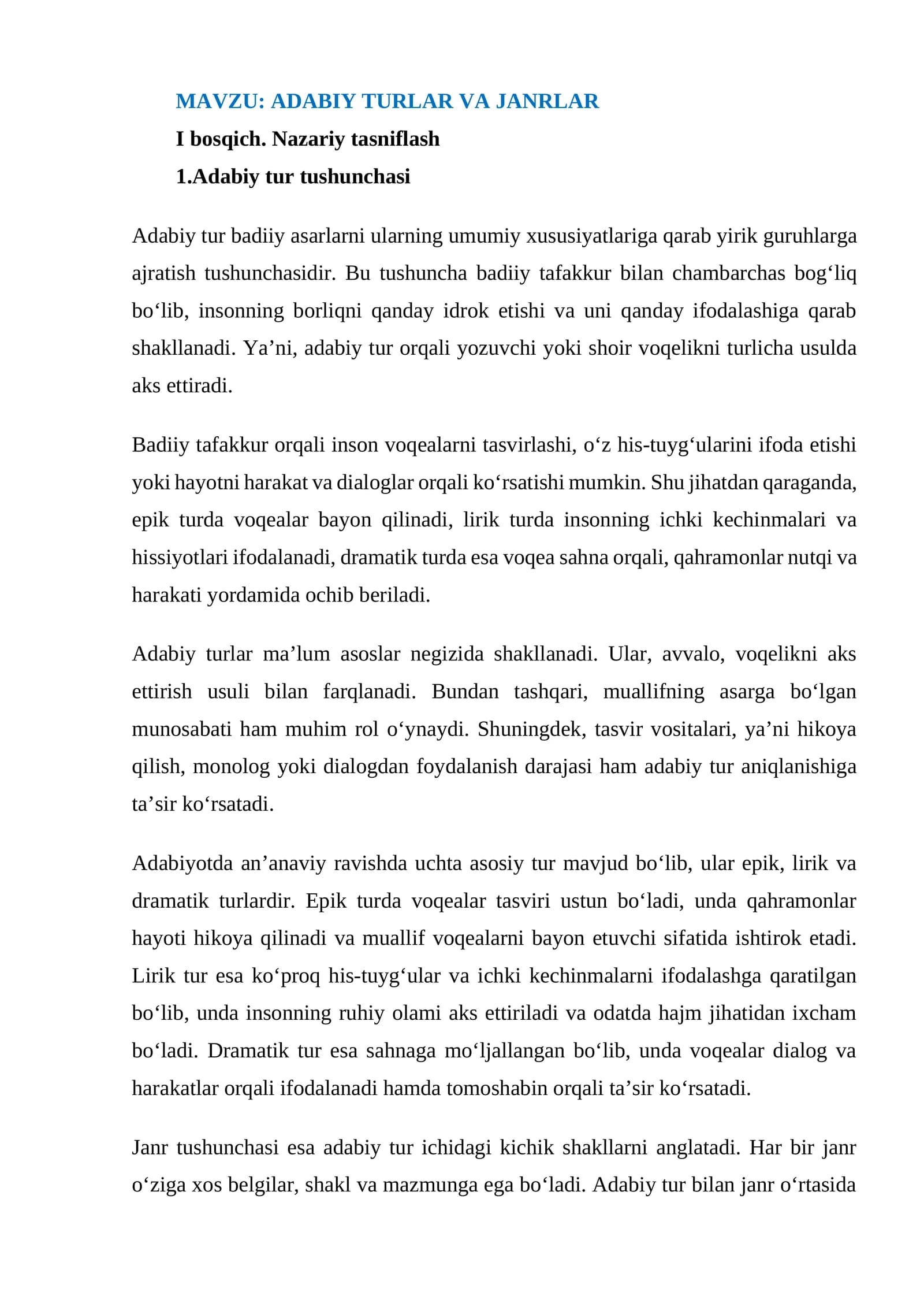 ADABIY TURLAR VA JANRLAR