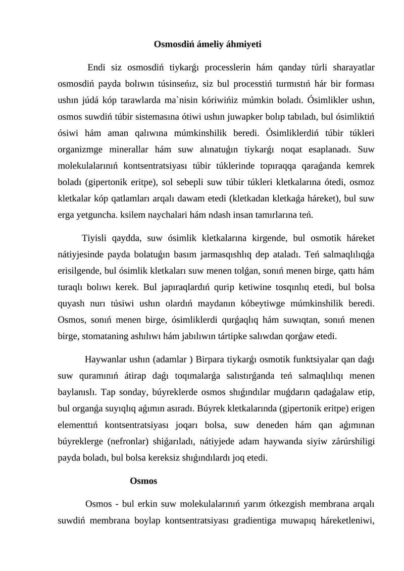 Osmosdiń ámeliy áhmiyeti