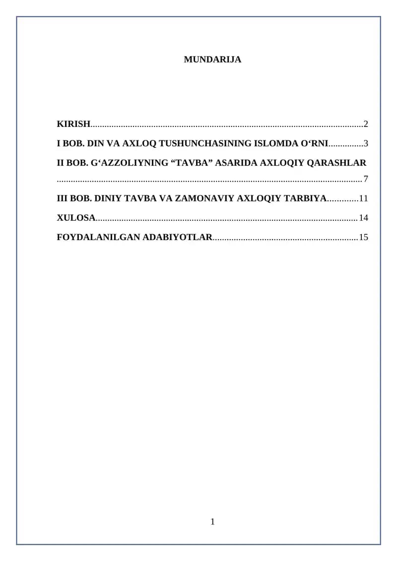 G‘azzoliyning tavba asari asosida Din va axloq