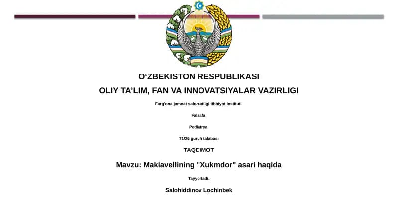 Makiavellining "Xukmdor" asari haqida