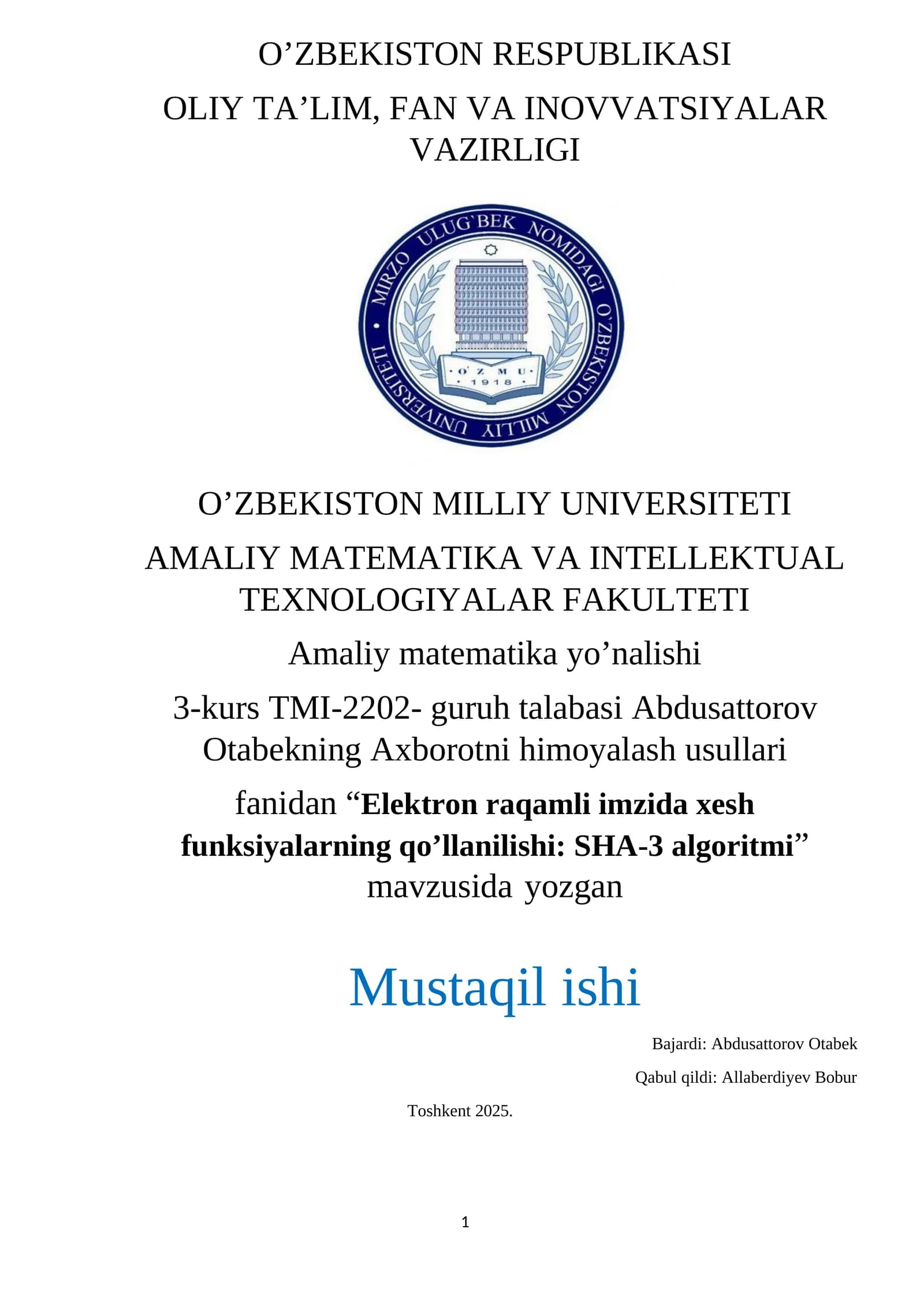 Elektron raqamli imzida xesh funksiyalarning qo’llanilishi: SHA-3 algoritmi