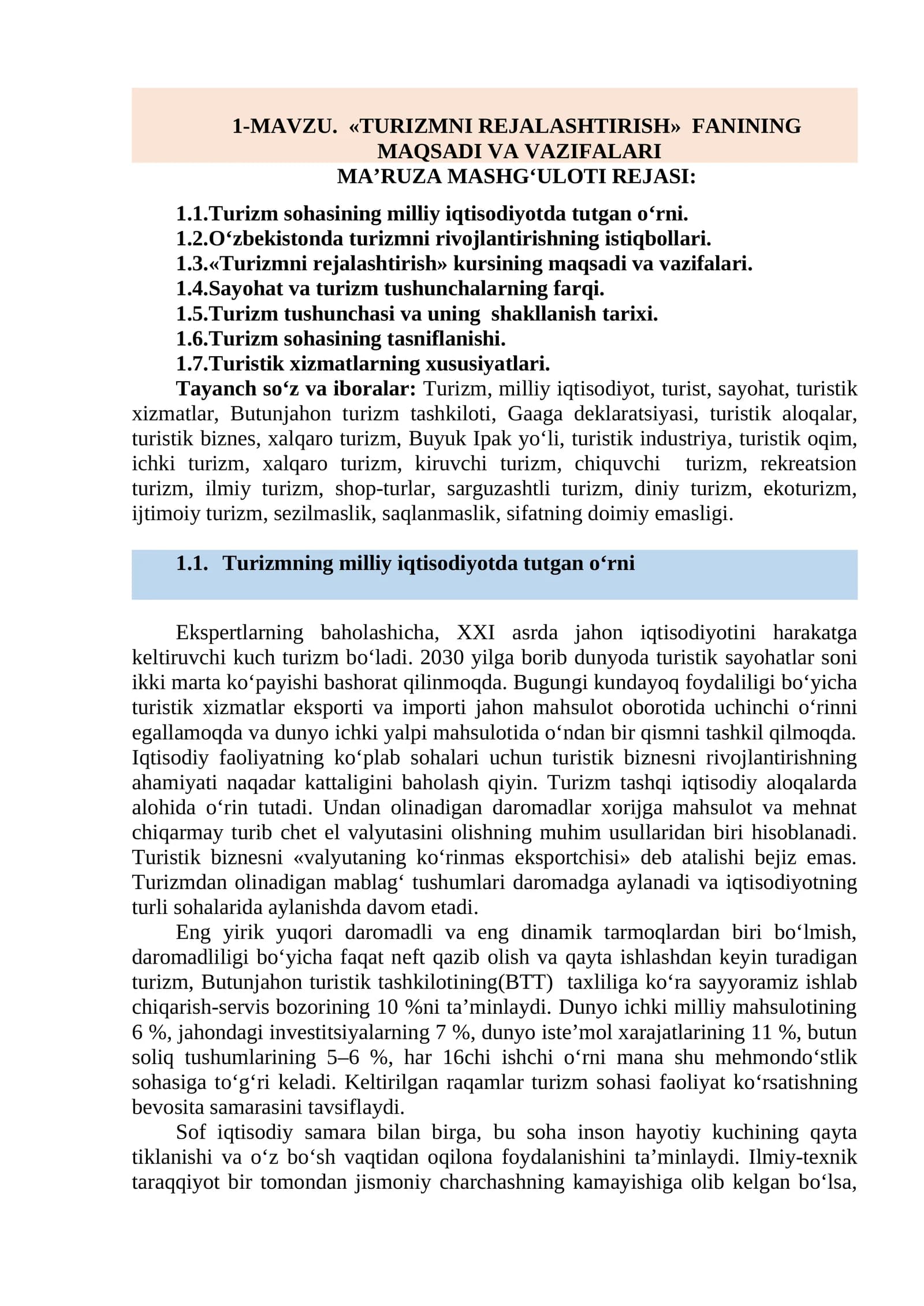 "TURIZMNI REJALASHTIRISH"