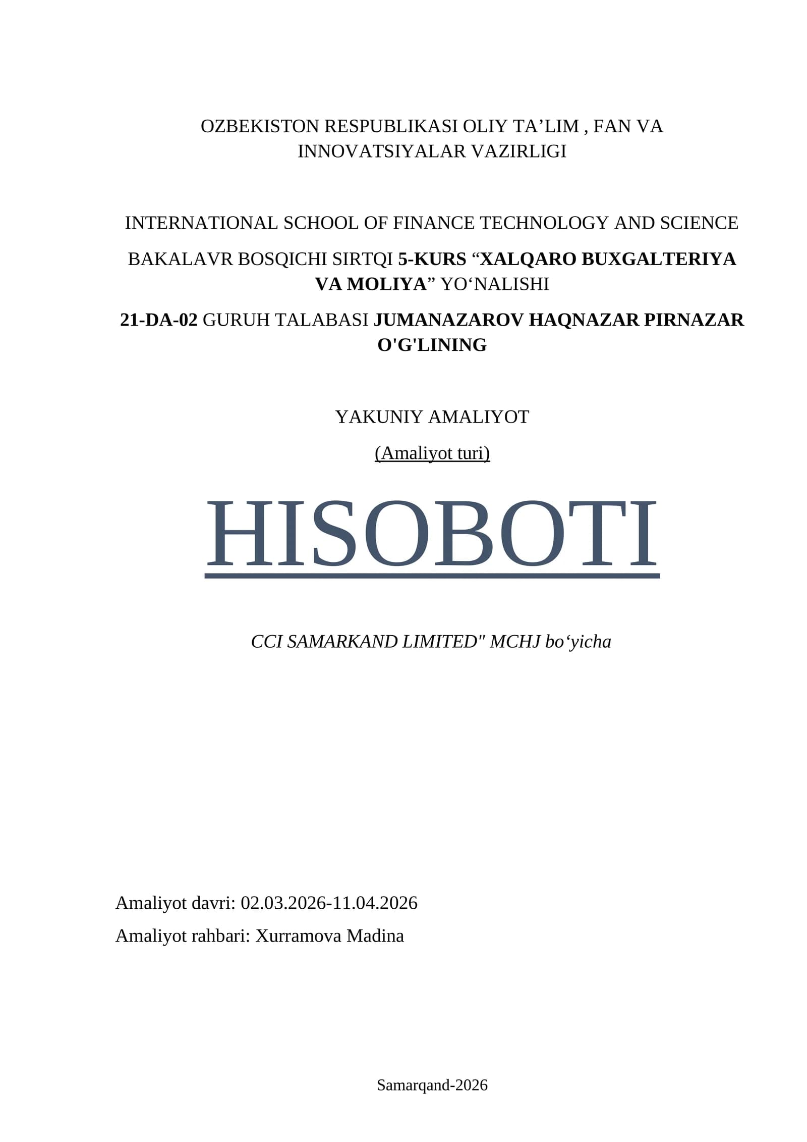 Coca cola kompaniyasi amaliyot hisoboti. CCI SAMARKAND LIMITED" MCHJ