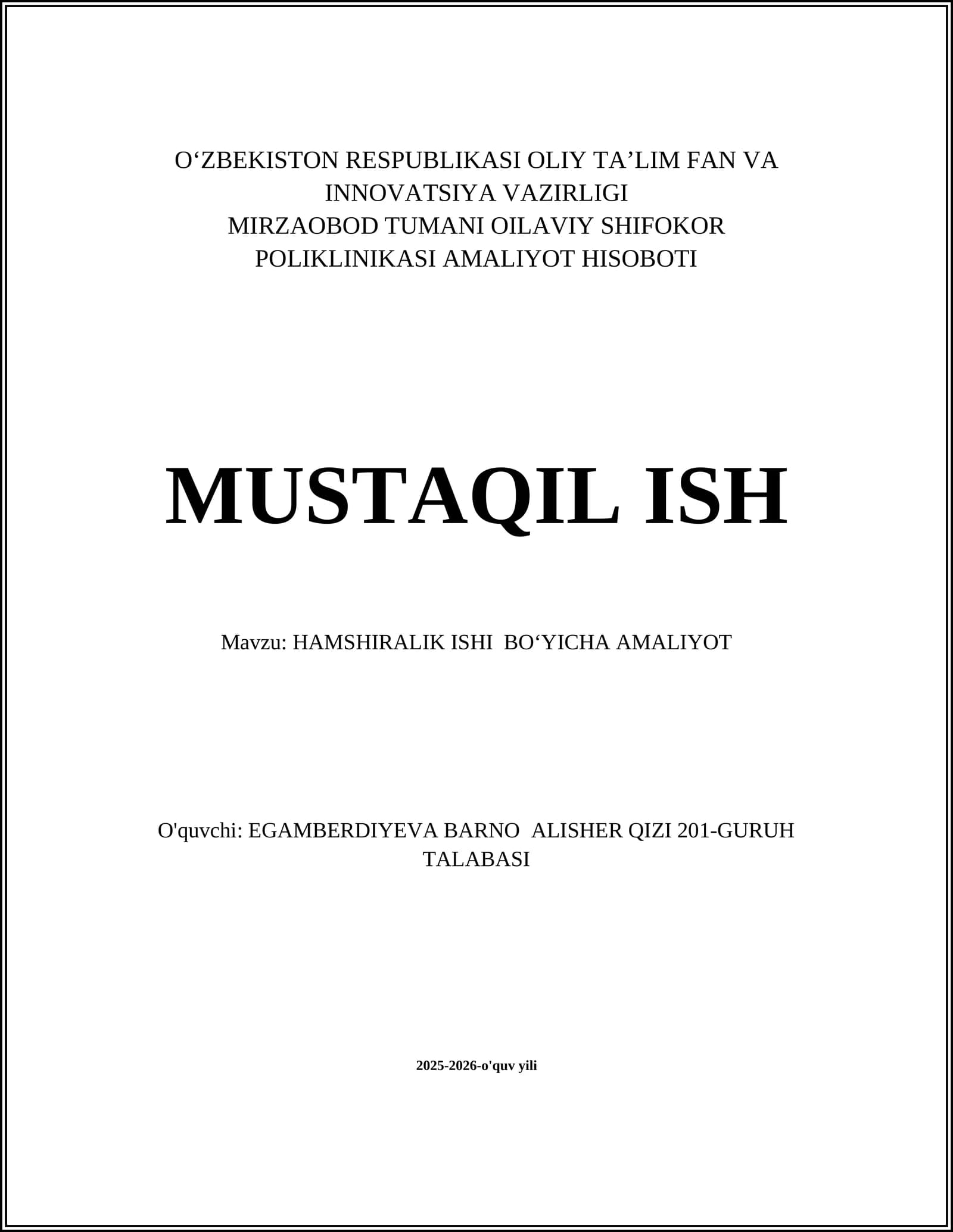 HAMSHIRALIK ISHI BOʻYICHA AMALIYOT