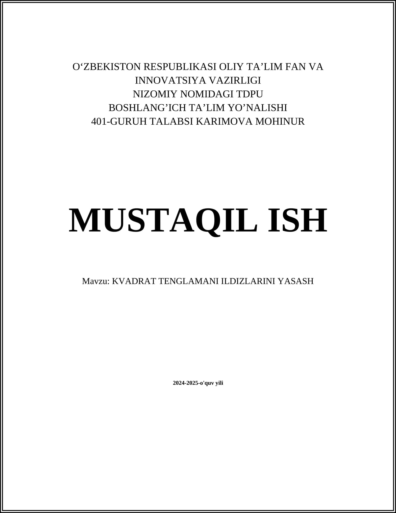 KVADRAT TENGLAMANI ILDIZLARINI YASASH