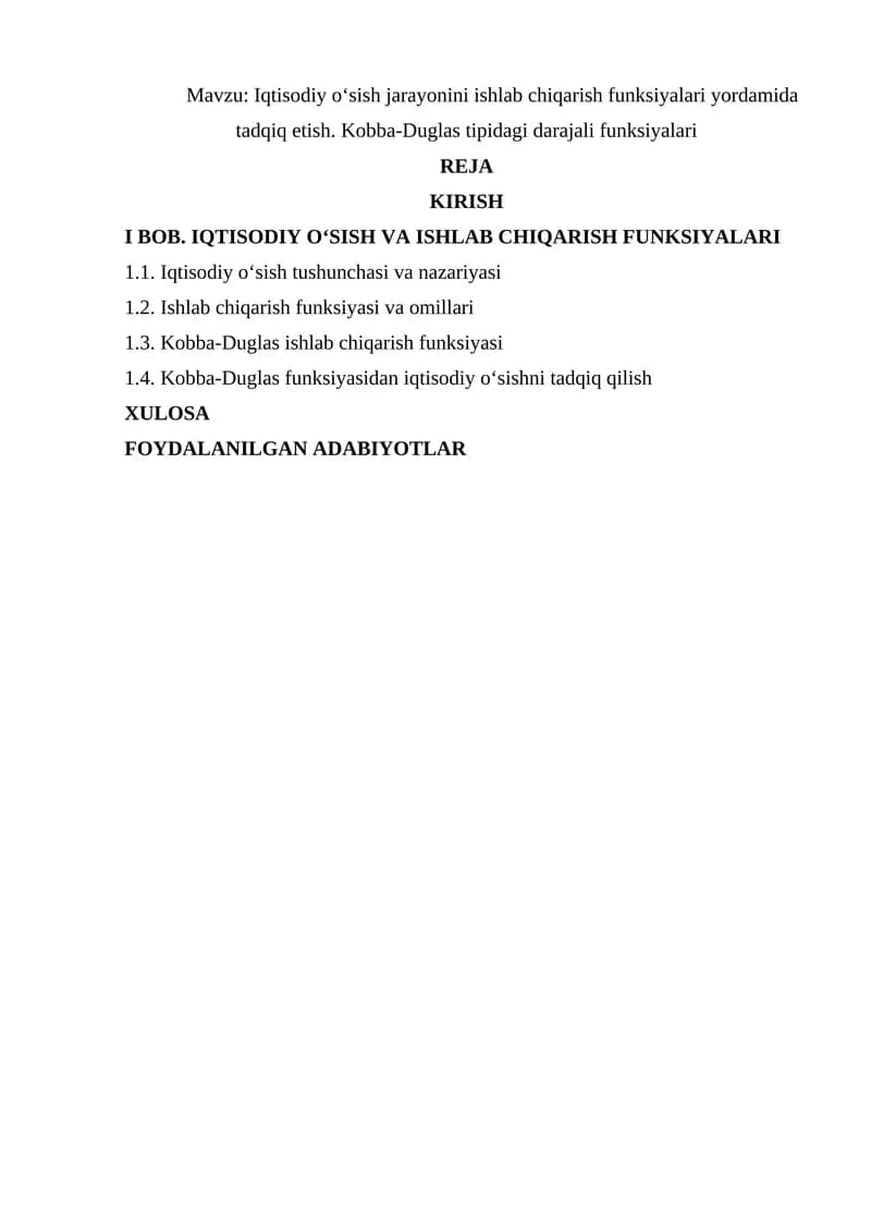 Iqtisodiy o‘sish va Ishlab chiqarish funksiyalari
