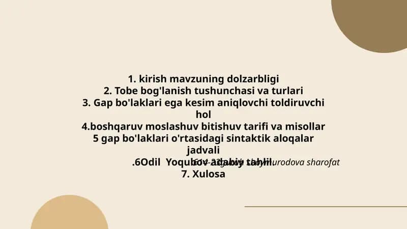 Gaplar sintaktik aloqalar jadvali