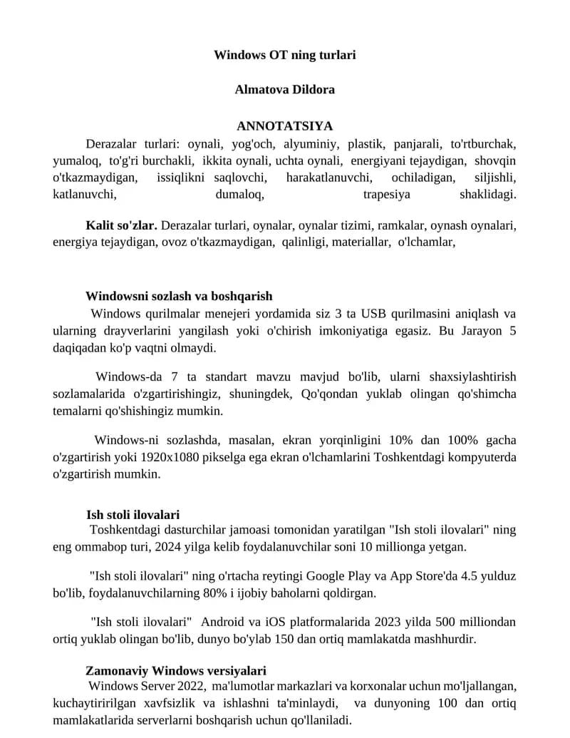 Windows OT ning turlari