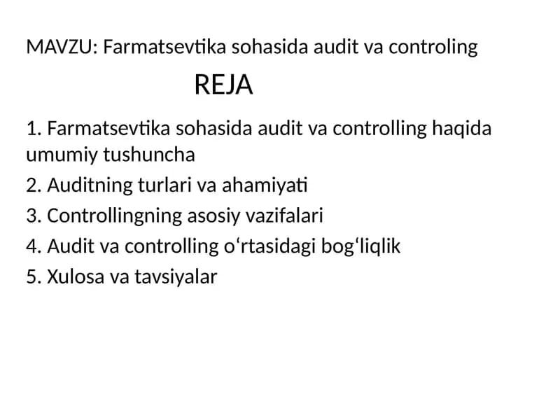 Farmatsevtika sohasida audit va controlling