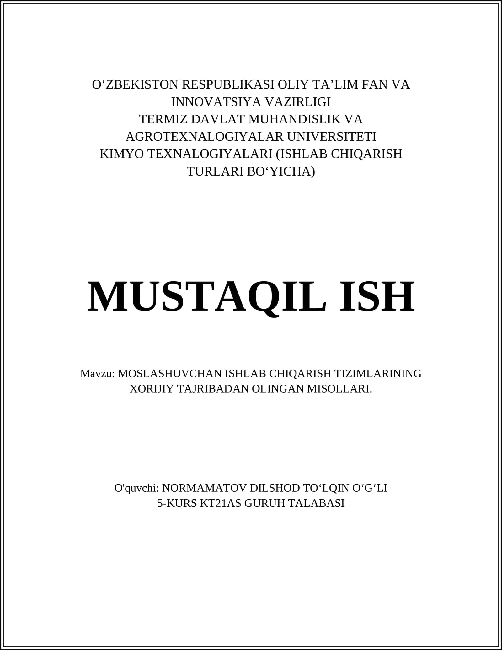 MOSLASHUVCHAN ISHLAB CHIQARISH TIZIMLARINING XORIJIY TAJRIBADAN OLINGAN MISOLLARI