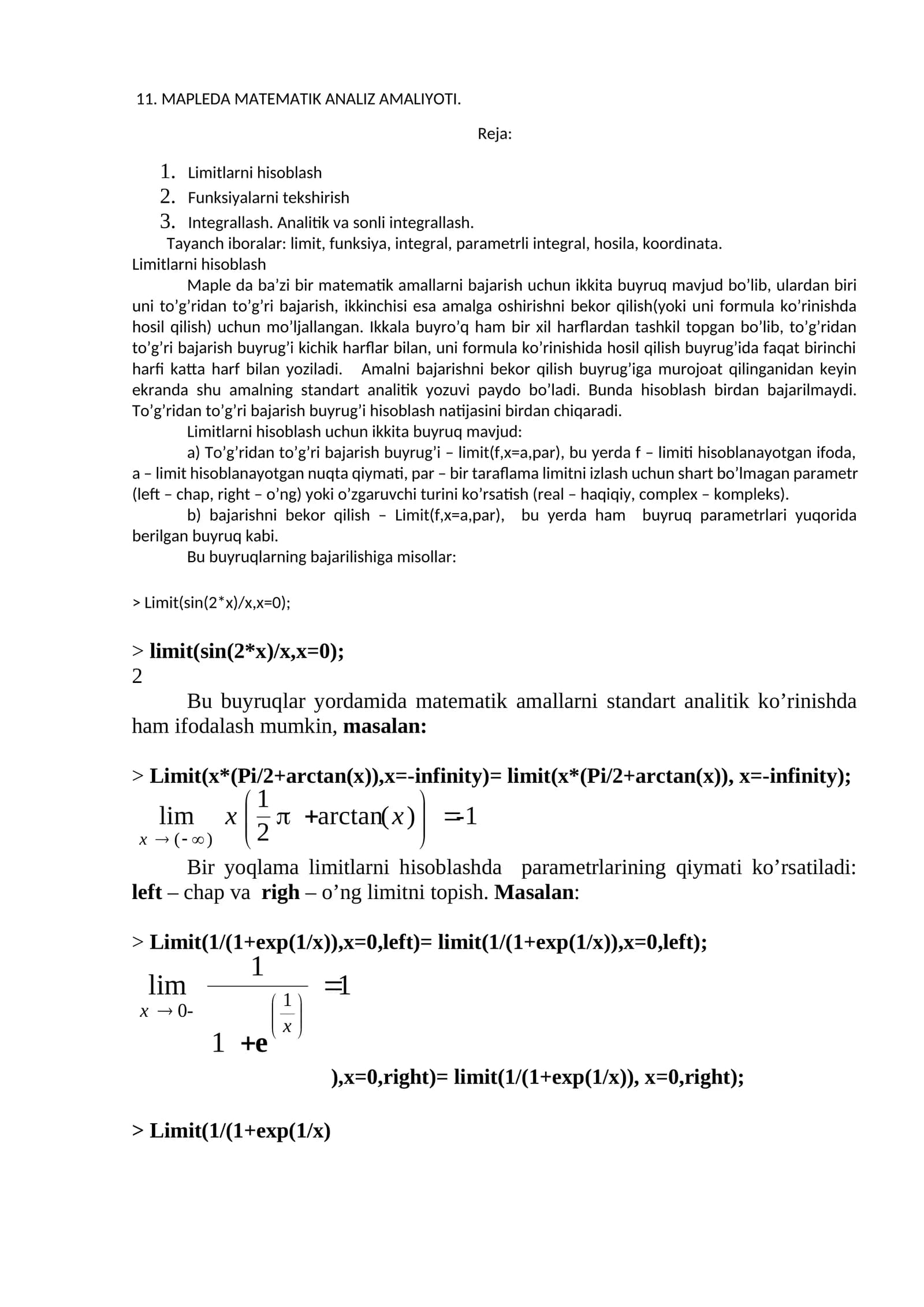 MAPLEDA MATEMATIK ANALIZ AMALIYOTI