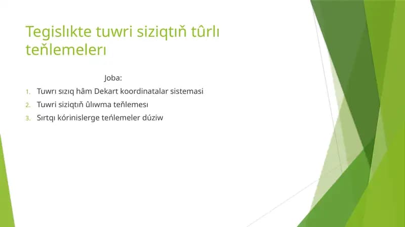 Tuwri siziqtıň teňlemesi