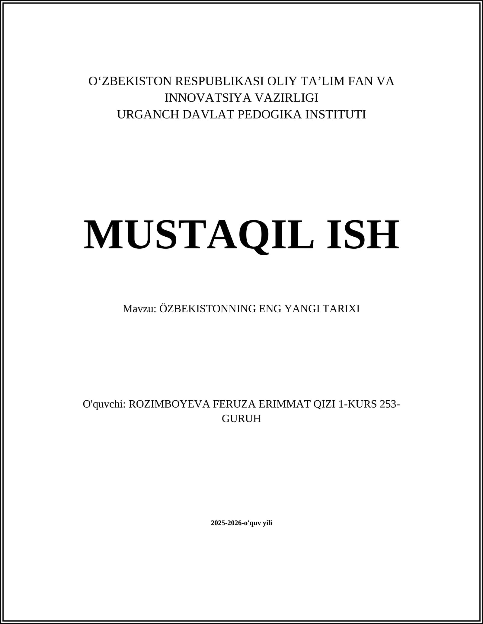ÖZBEKISTONNING ENG YANGI TARIXI