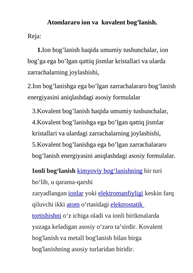 Ion va kovalent bog'lanish