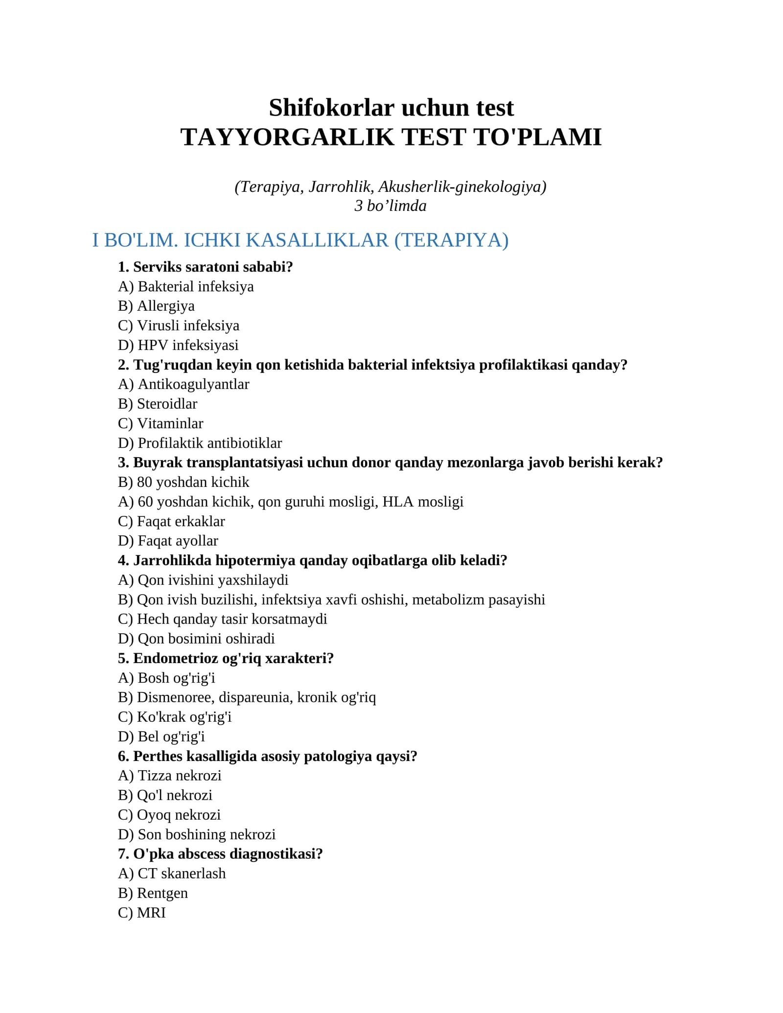 Shifokorlar uchun test