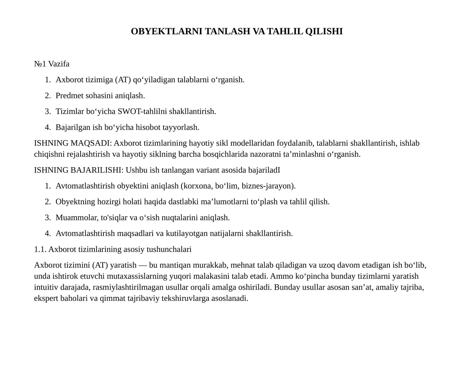 OBYEKTLARNI TANLASH VA TAHLIL QILISHI