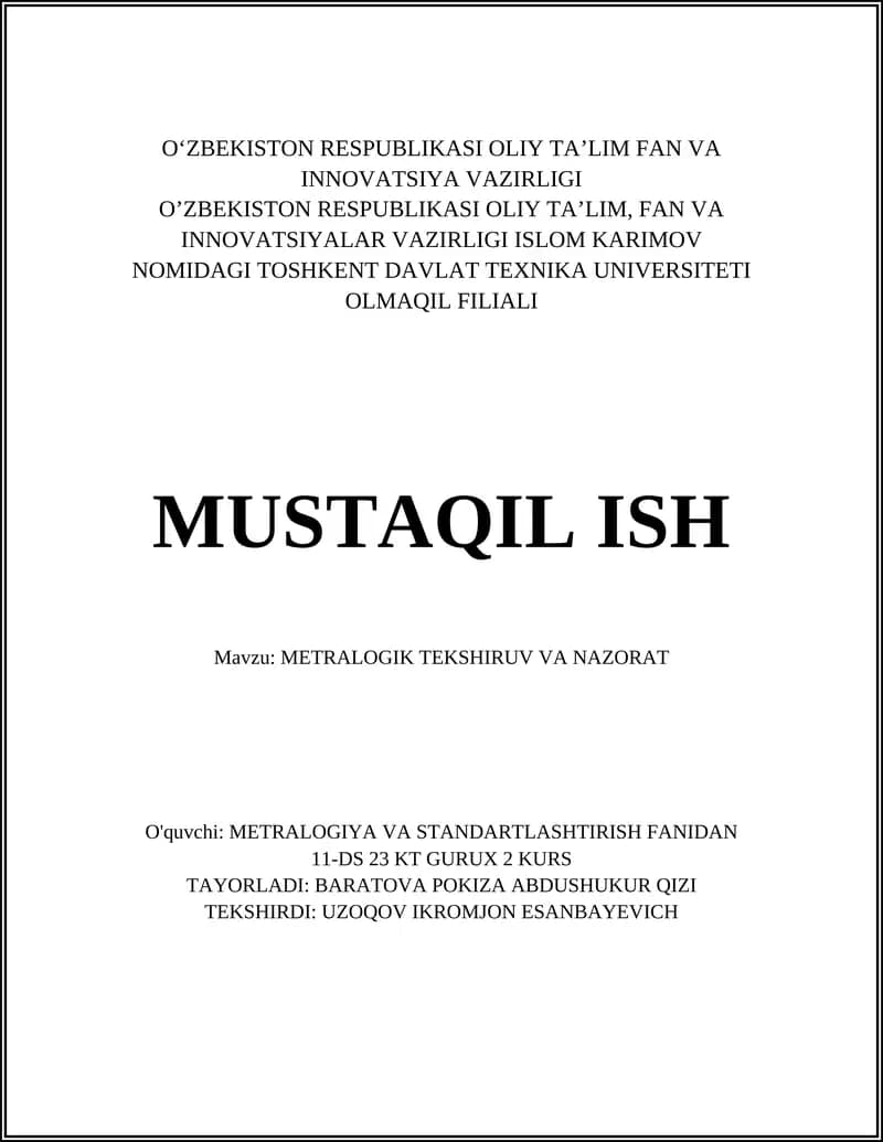 METRALOGIK TEKSHIRUV VA NAZORAT
