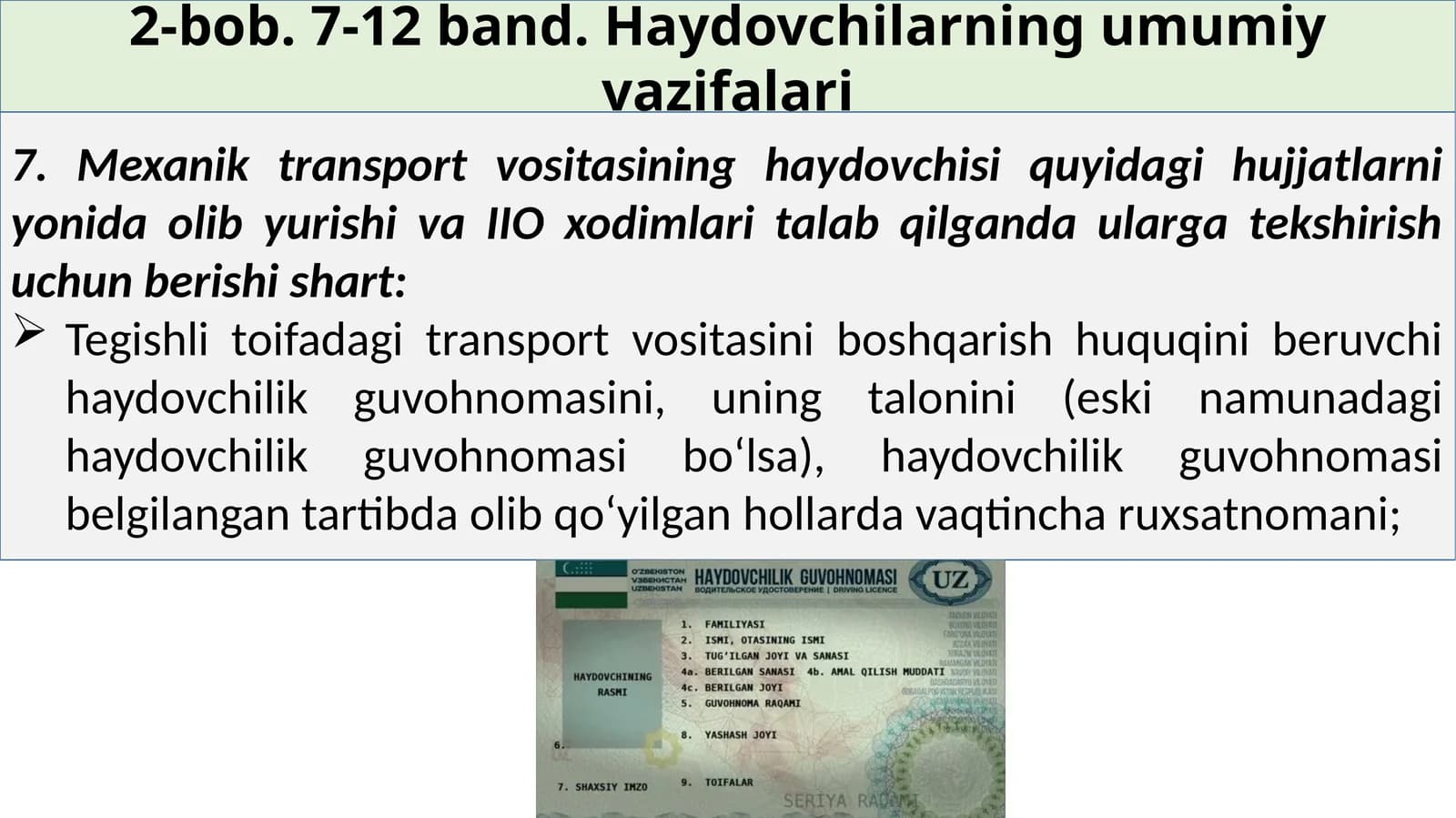 Haydovchilarning umumiy vazifalari