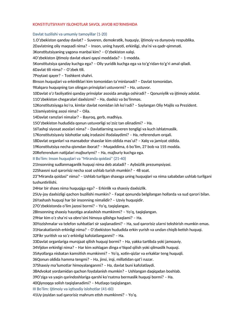 KONSTITUTSIYAVIY ISLOHOTLAR SAVOL JAVOB KO’RINISHIDA