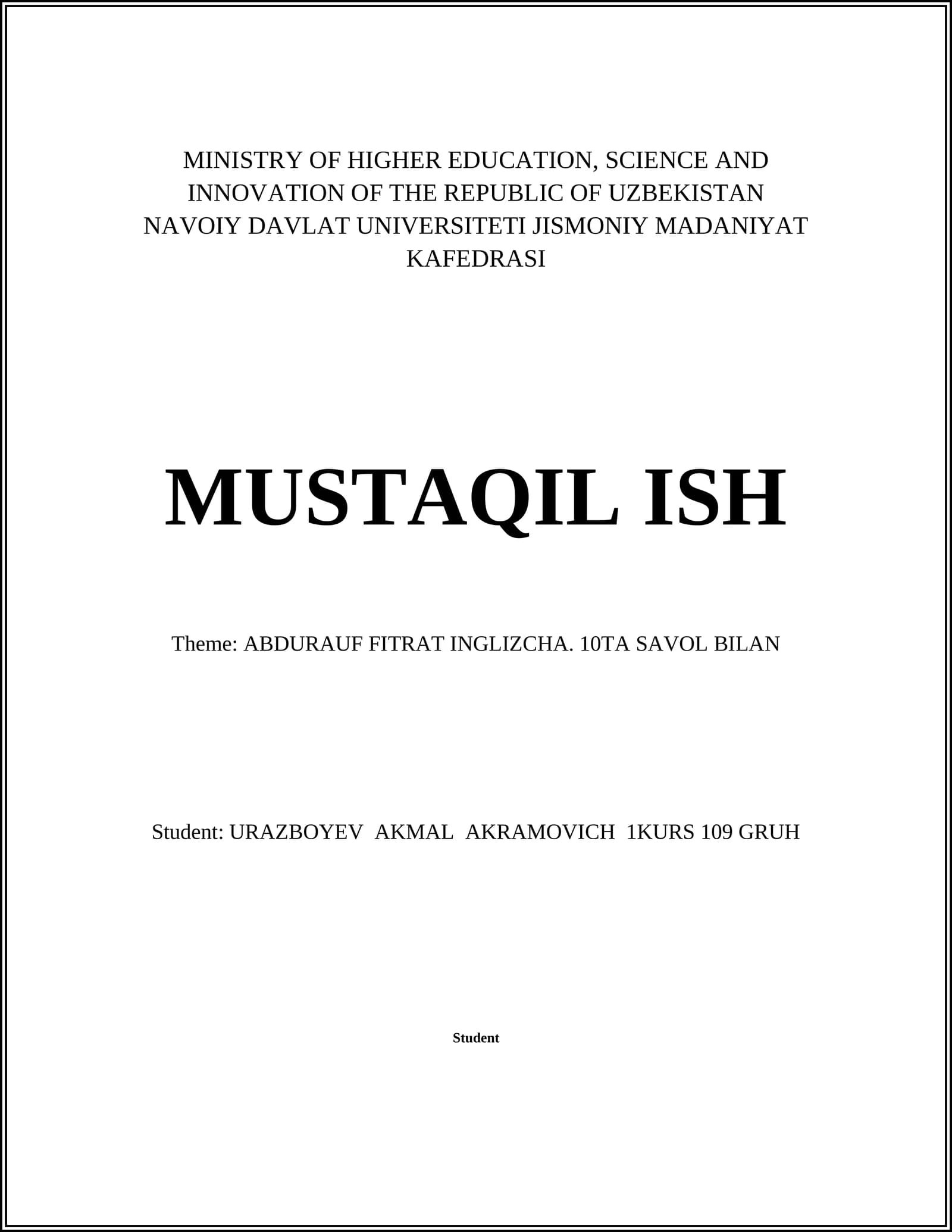 ABDURAUF FITRAT INGLIZCHA. 10TA SAVOL BILAN