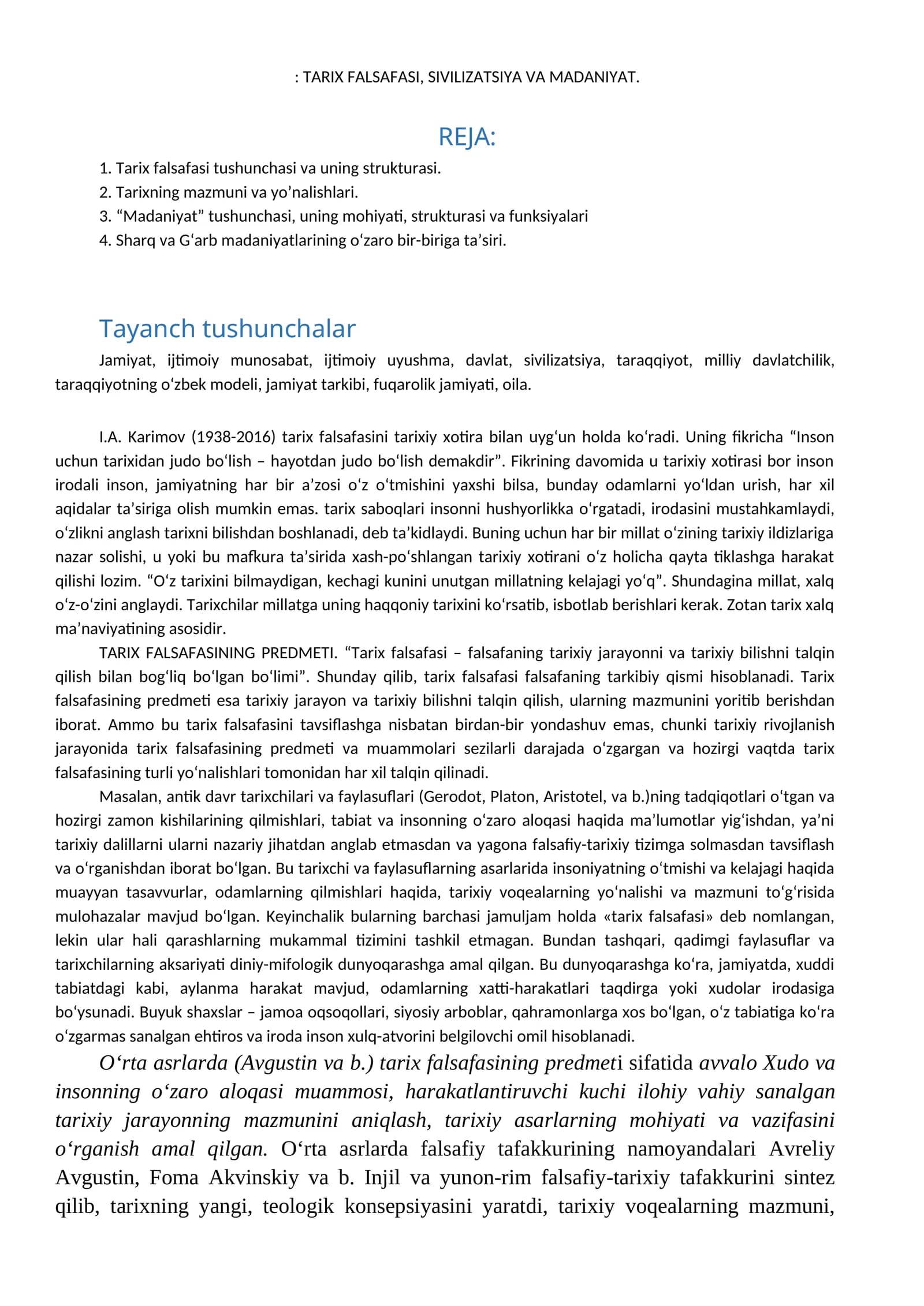 TARIX FALSAFASI, SIVILIZATSIYA VA MADANIYAT