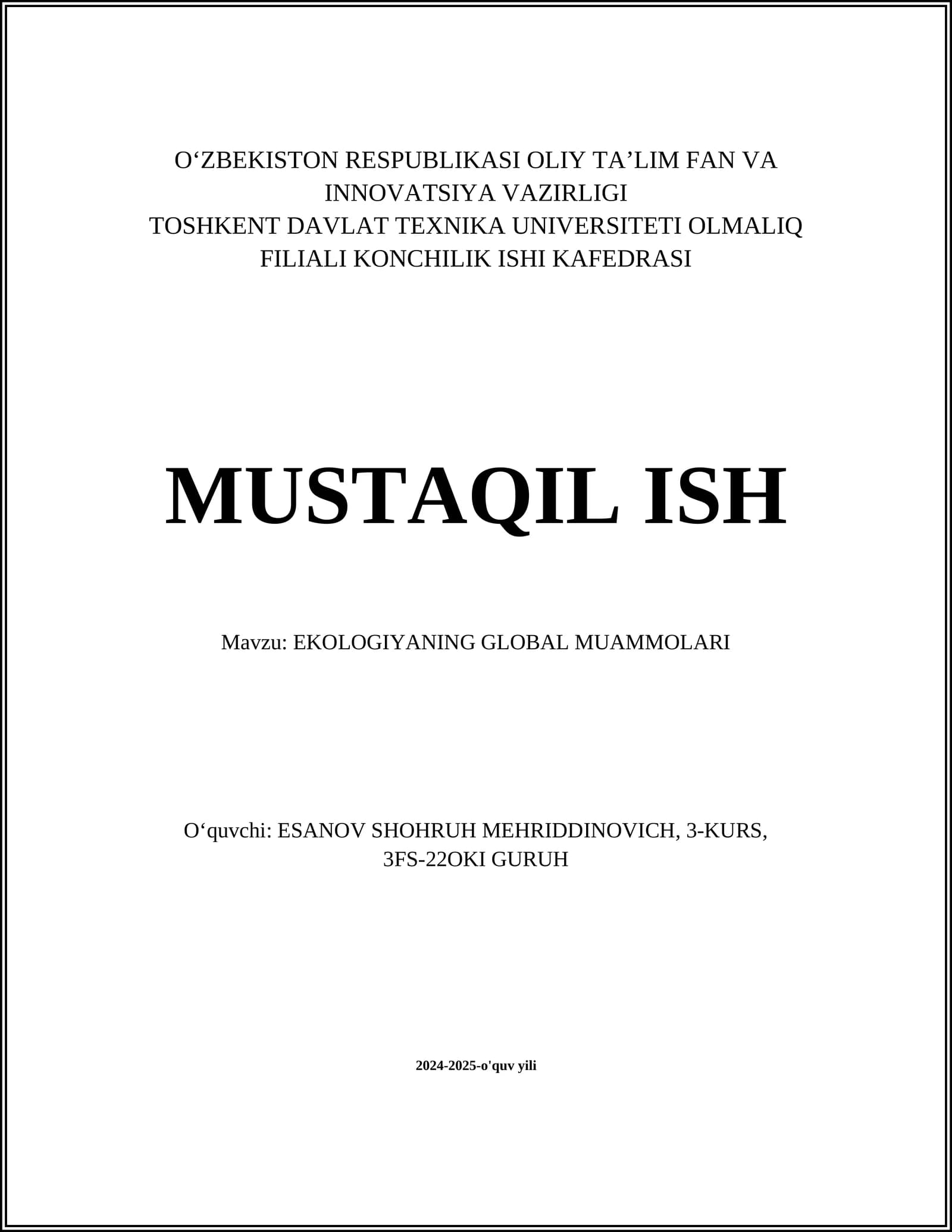 EKOLOGIYANING GLOBAL MUAMMOLARI