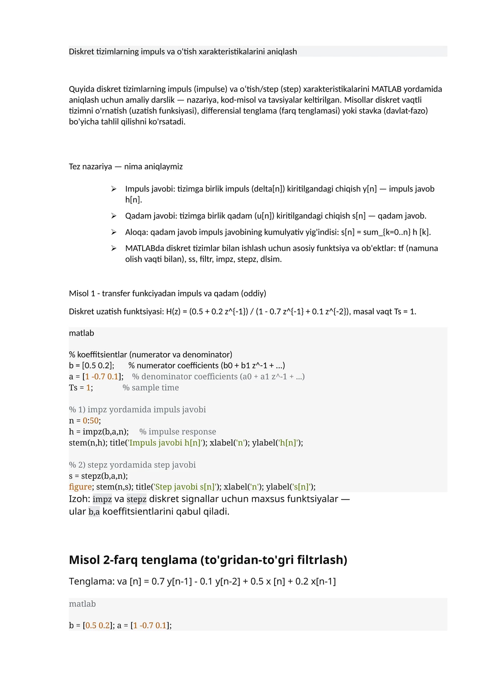 Diskret tizimlarning impuls va o'tish xarakteristikalarini aniqlash