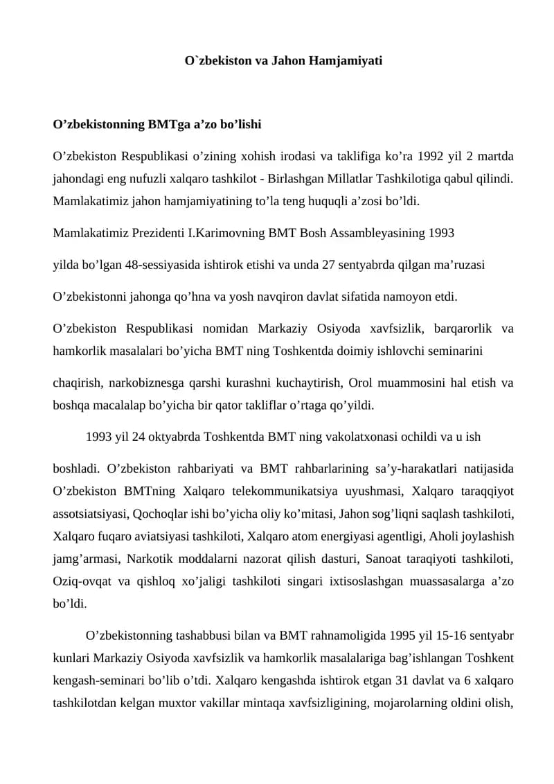 O’zbekiston va Jahon Hamjamiyati