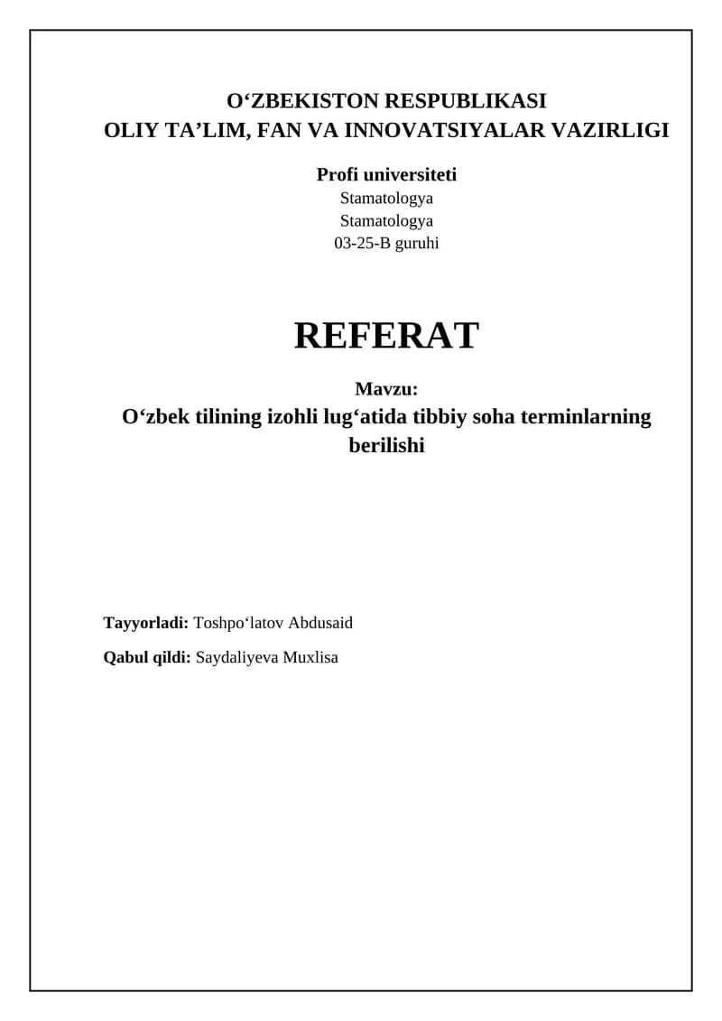 Oʻzbek tilining izohli lugʻatida tibbiy soha terminlarning berilishi