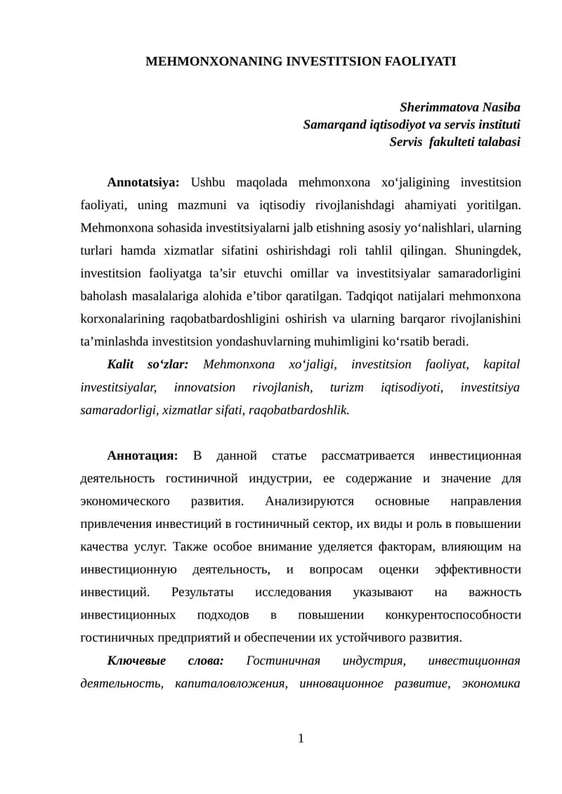 MEHMONXONANING INVESTITSION FAOLIYATI