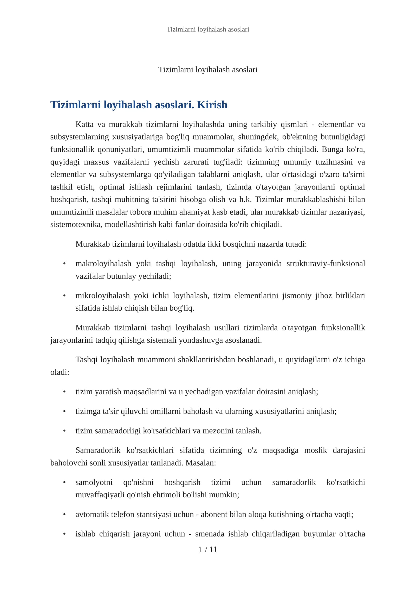 Tizimlarni loyihalash asoslari