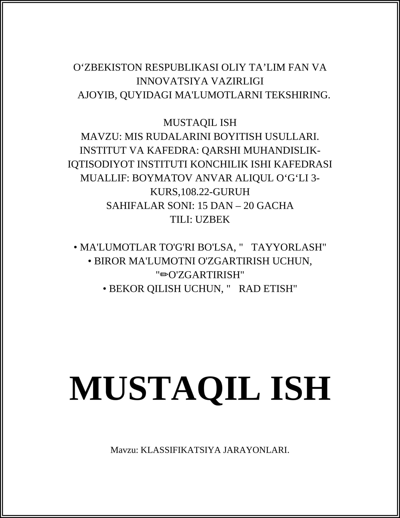 KLASSIFIKATSIYA JARAYONLARI