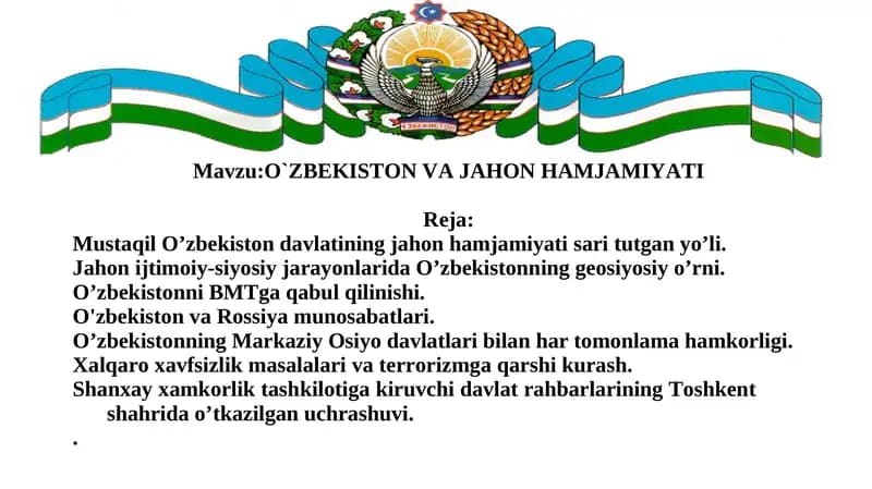 O`ZBEKISTON VA JAHON HAMJAMIYATI