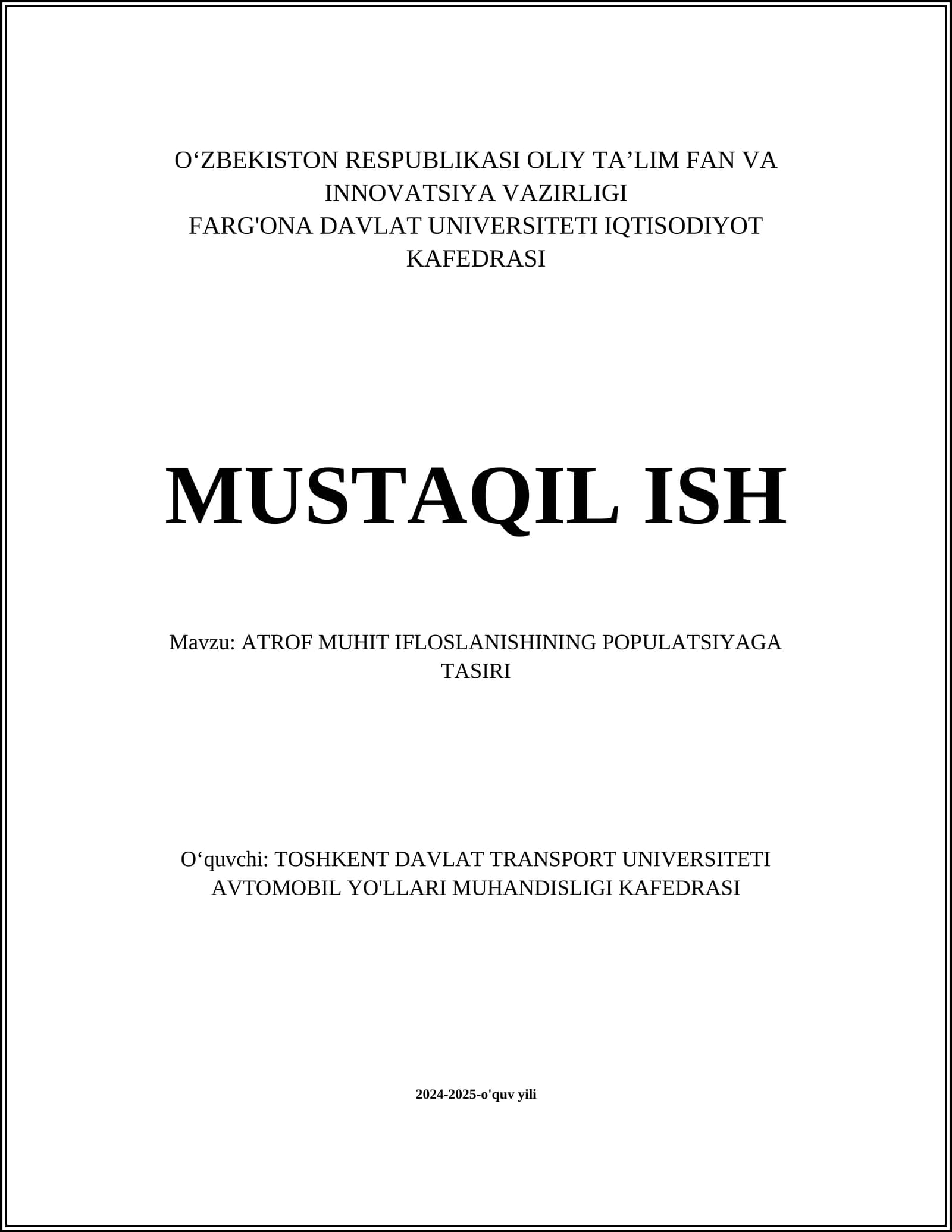 ATROF MUHIT IFLOSLANISHINING POPULATSIYAGA TASIRI