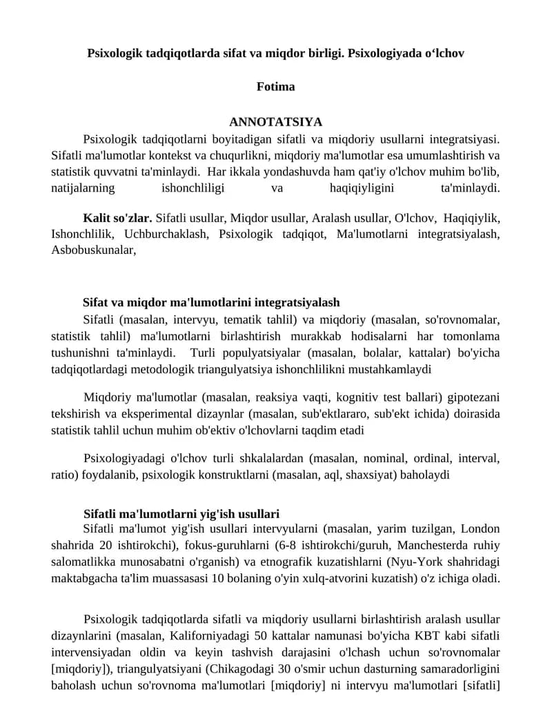 Psixologik tadqiqotlarda sifat va miqdor birligi