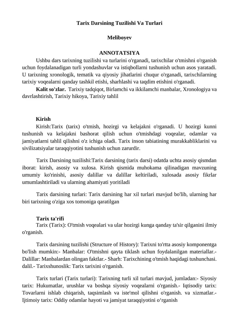Tarix Darsining Tuzilishi Va Turlari