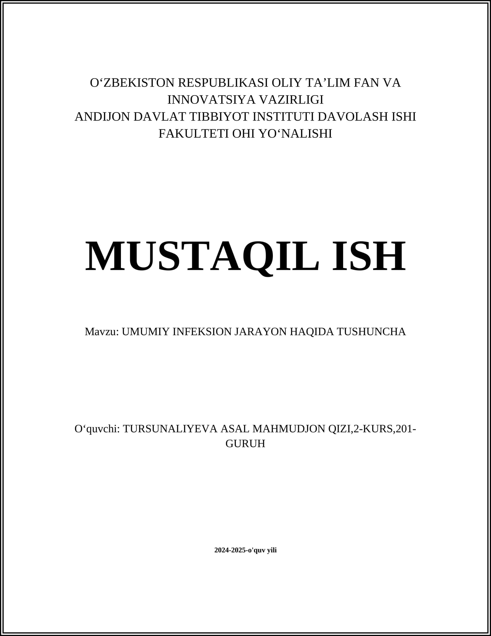 UMUMIY INFEKSION JARAYON HAQIDA TUSHUNCHA