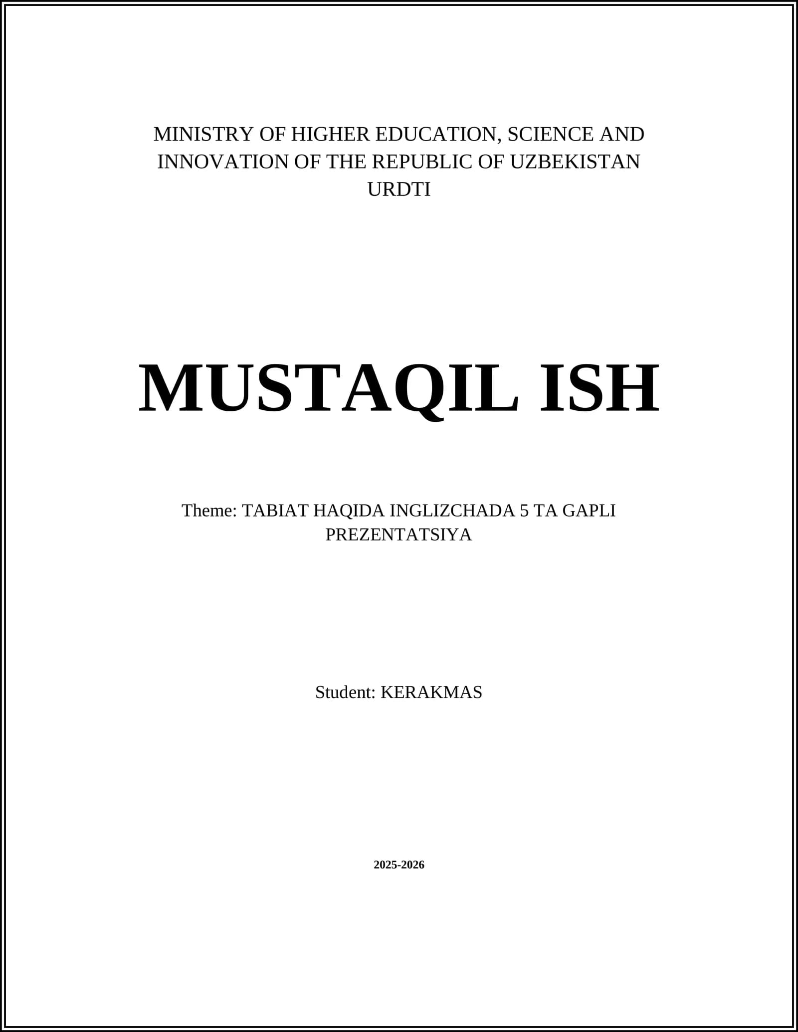 TABIAT HAQIDA INGLIZCHADA 5 TA GAPLI PREZENTATSIYA