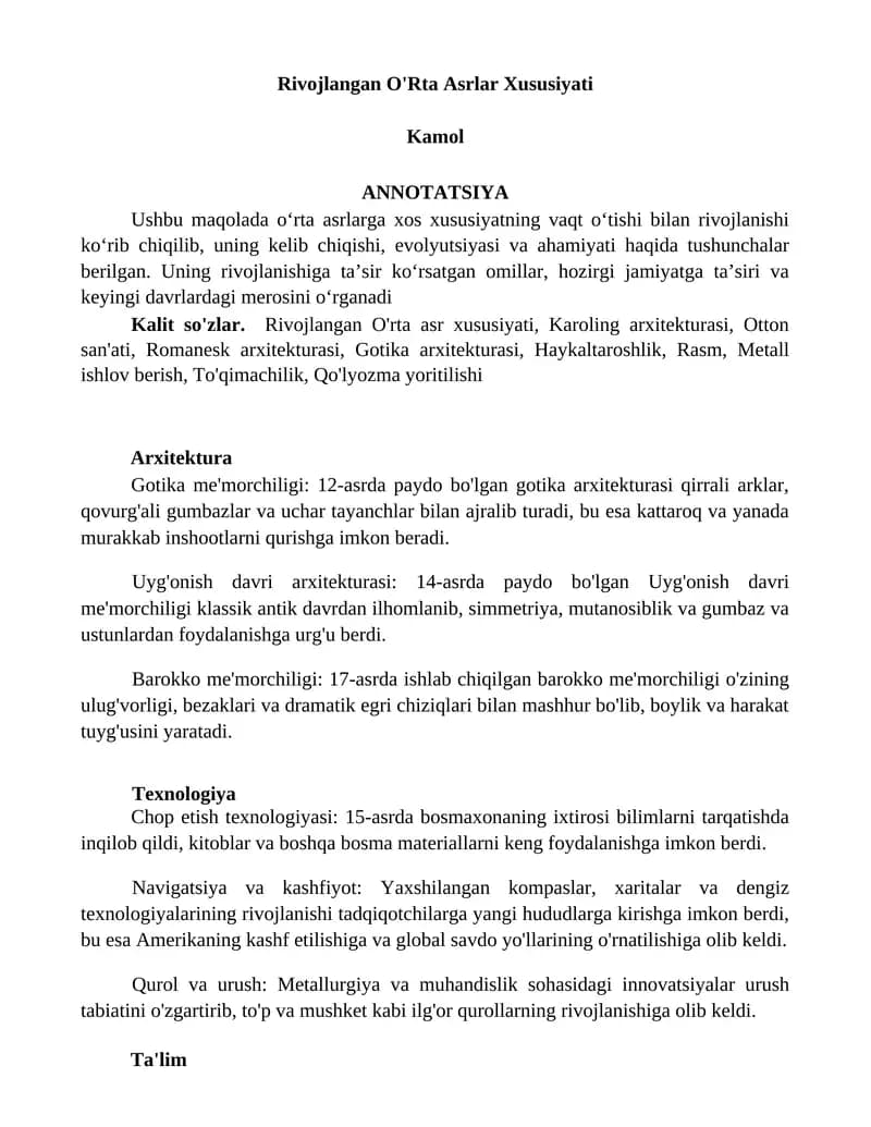 Rivojlangan O'Rta Asrlar Xususiyati