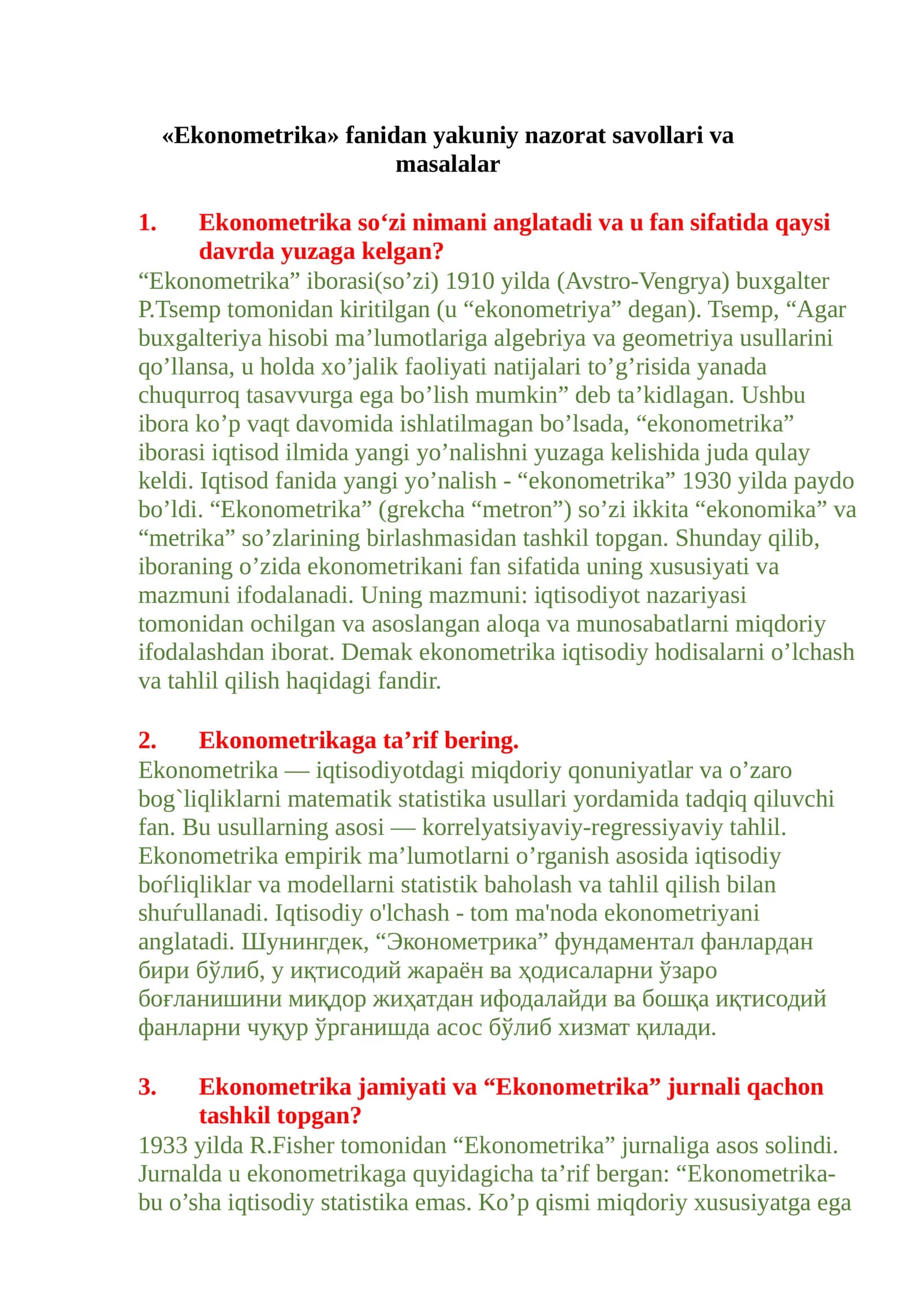 Ekonometrika Yakuniy nazorat