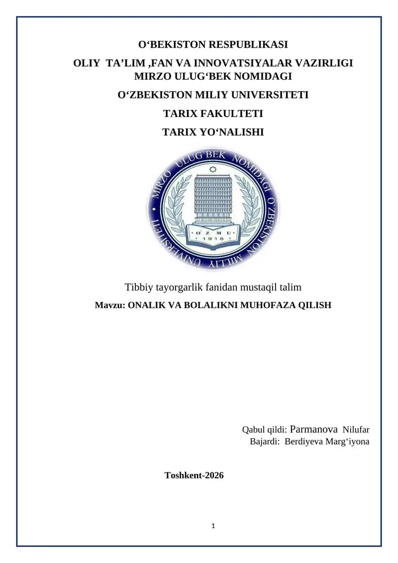 onalik va bolalikni muhofaza qilish