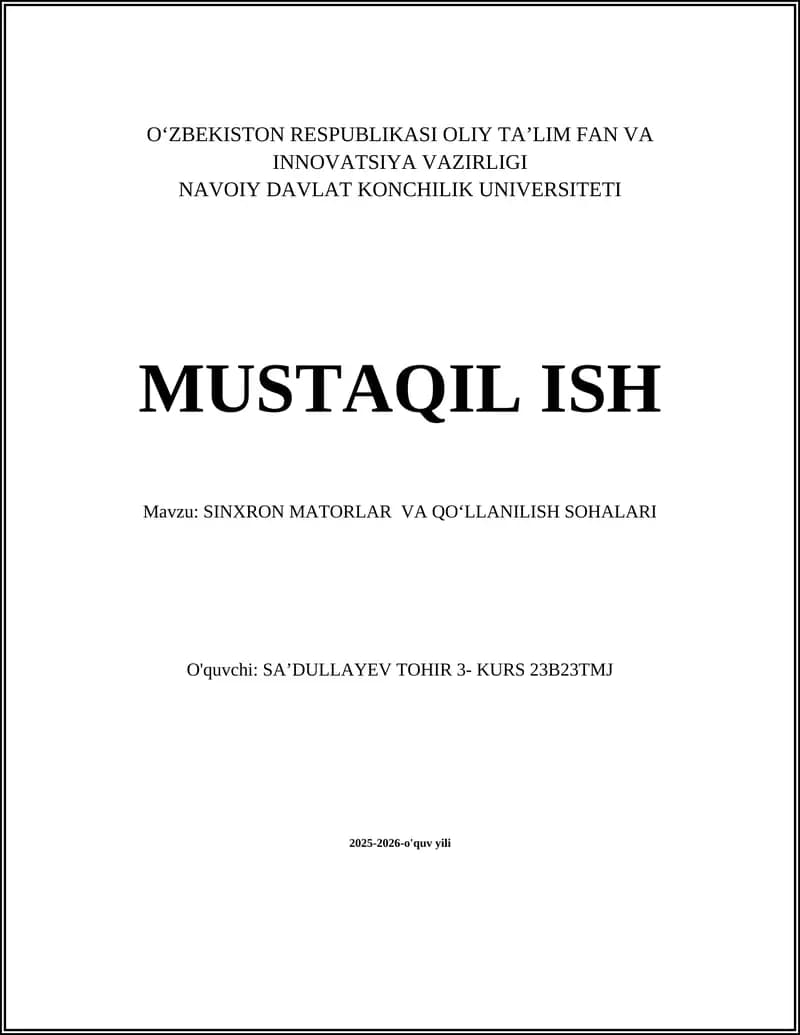SINXRON MATORLAR VA QOʻLLANILISH SOHALARI
