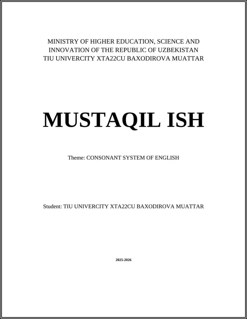 Theme: CONSONANT SYSTEM OF ENGLISH